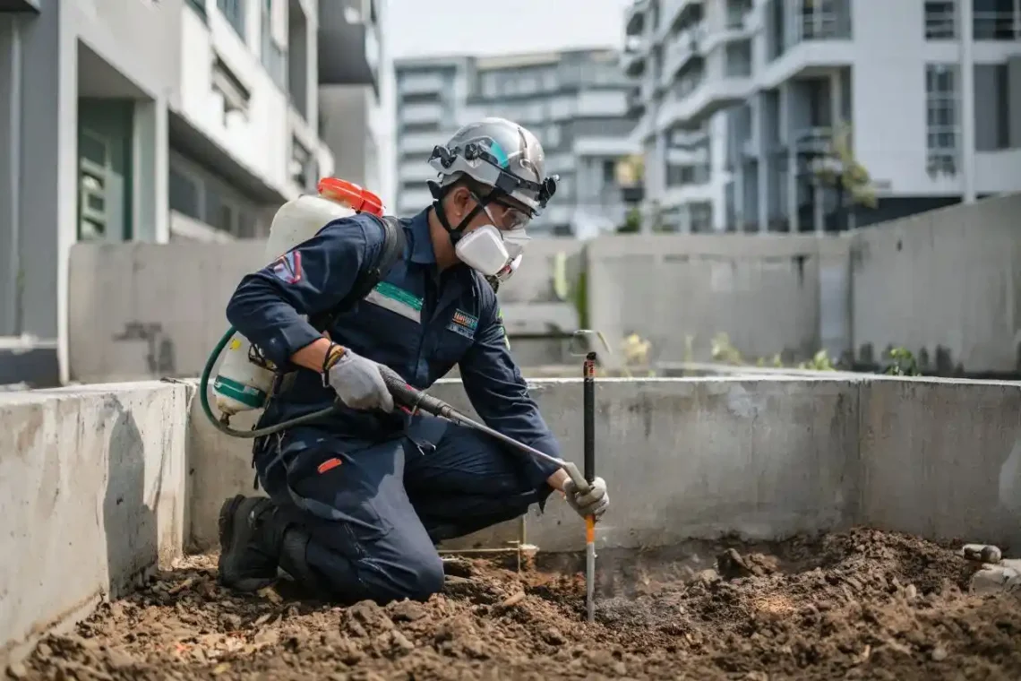 Teknisi jasa anti rayap Jakarta melakukan treatment di fondasi bangunan
