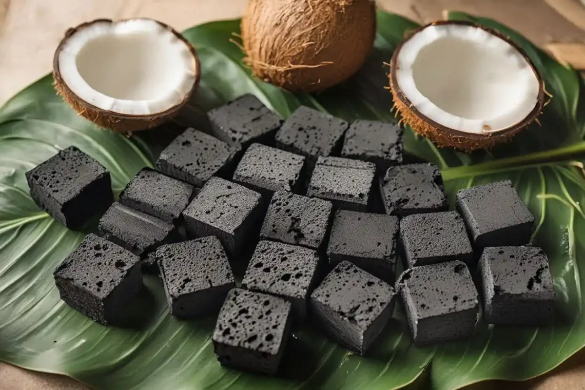 Eco friendly coconut shell charcoal briquettes on a natural green leaf background representing sustainability
