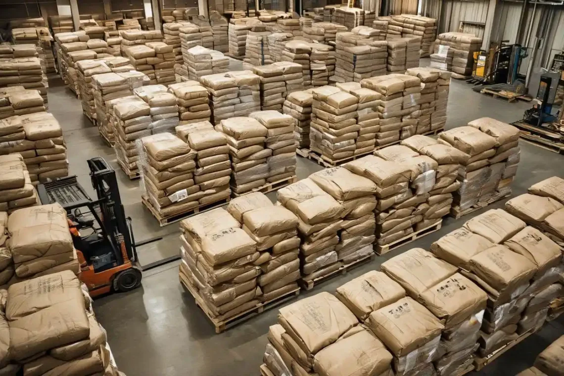 Bags of coconut charcoal products stacked and ready for export at a warehouse facility