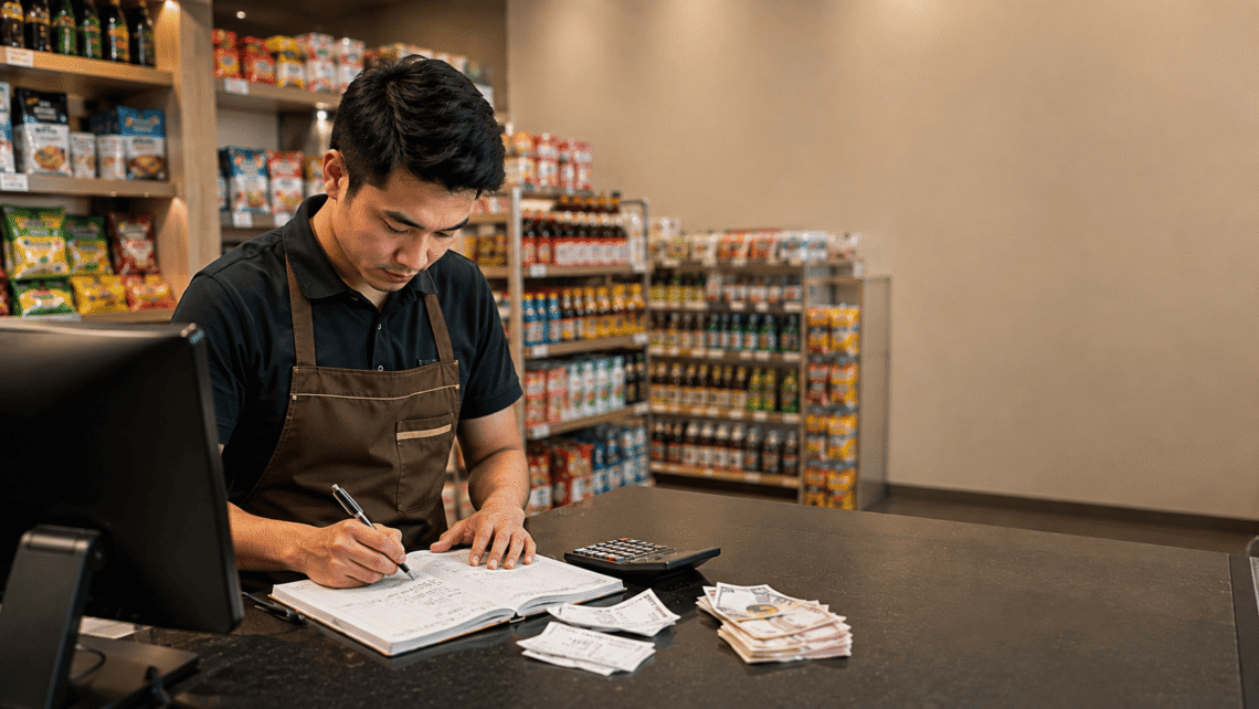 Pemilik minimarket menyusun laporan keuangan toko dengan memeriksa data pemasukan dan pengeluaran di meja administrasi.