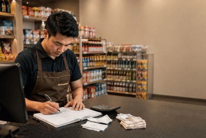 Pemilik minimarket menyusun laporan keuangan toko dengan memeriksa data pemasukan dan pengeluaran di meja administrasi.